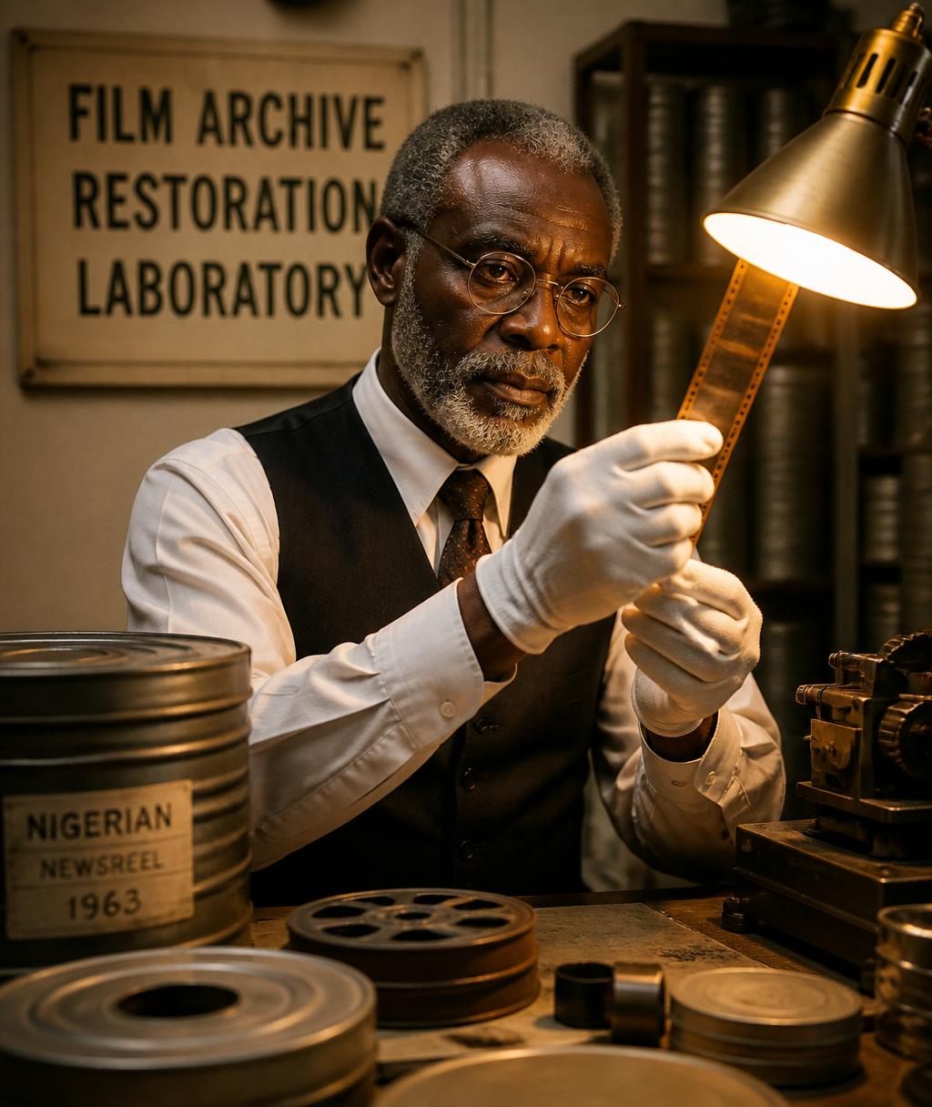 An archivist in white gloves examines a strip of celluloid film against warm light